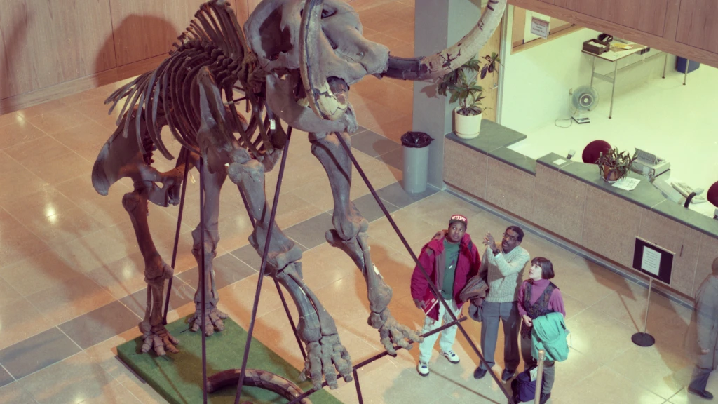 Three students look up a dinosaur skeleton on display for 1994’s Dinofest in University Library.