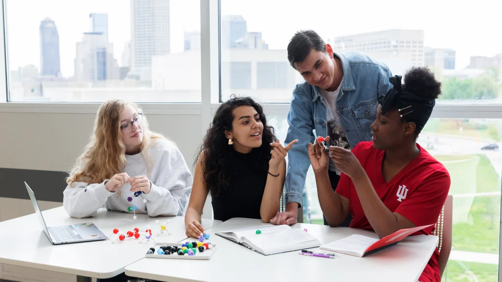 Four students in nursing and other disciplines learning with a chemistry atom set.