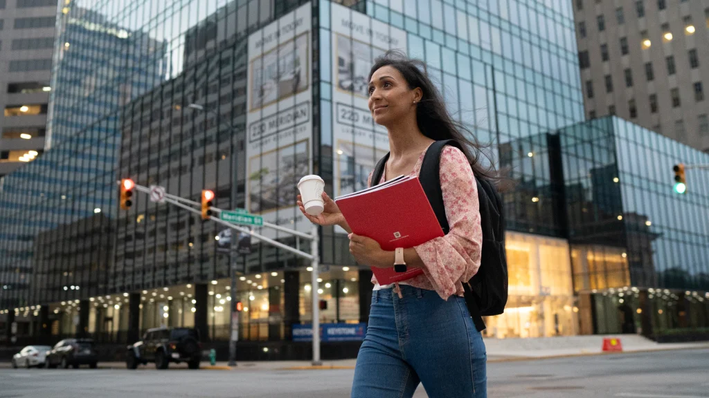 A woman holding printed materials in one hand and a coffee cup in another, backpack on her back, walks in downtown Indianapolis with a glass building lit up behind her.