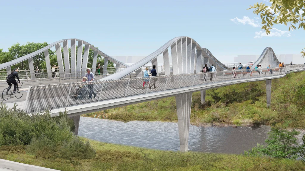 Rendering of the 16 Tech Bridge featuring a modern, wavy design with pedestrians and cyclists crossing over a river, surrounded by greenery.