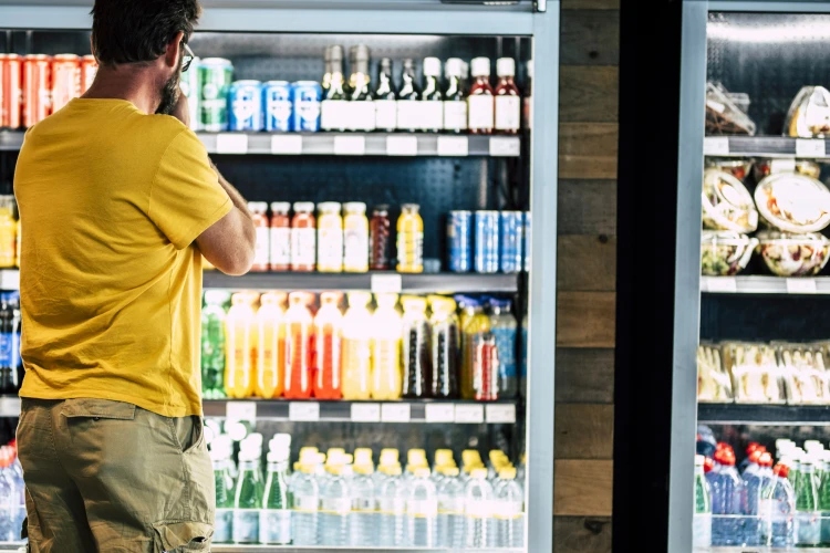 A man stands in front of a cooler of packaged drinks and food, chin resting in his hand as he decides what to purchase.