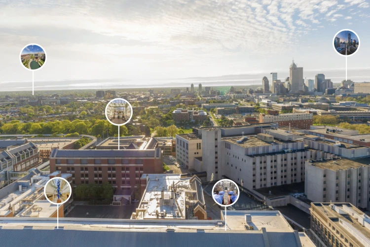 Circles pointing to building on campus hover above an aerial shot, with the Indianapolis skyline in the background.