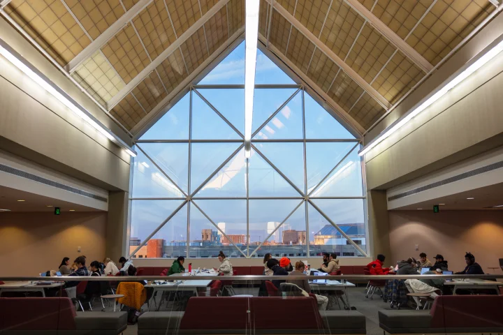 Students study at tables in a high-ceilinged area of University Library with windows overlooking campus.
