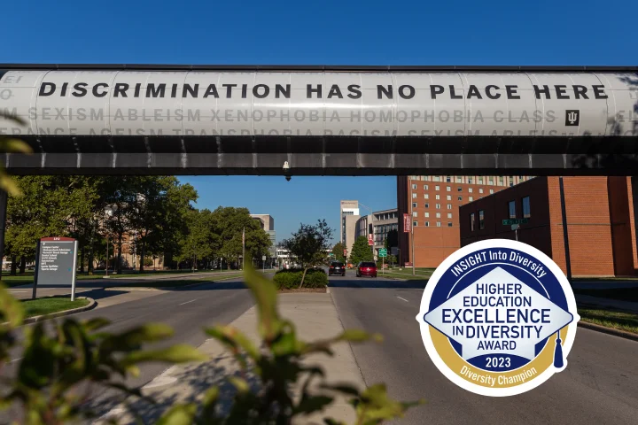A pedestrian skywalk over a street displays a banner that reads Discrimination Has No Place Here. A logo for Higher Education Excellence in Diversity Award 2023 sits on the bottom right corner of the image on top of the street.